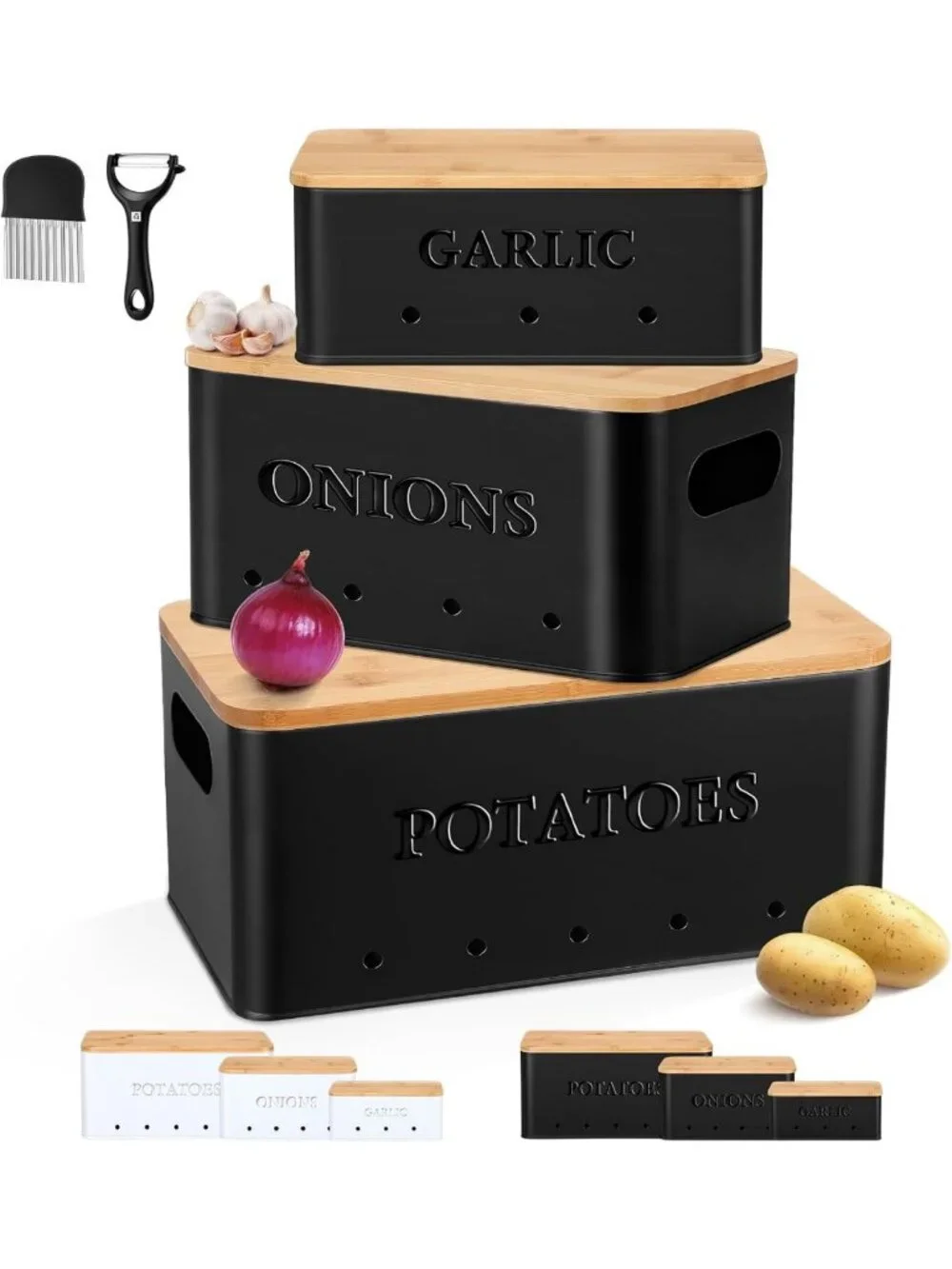 3-Piece Metal Storage Bins Set for Potatoes, Onions & Garlic - Stylish Black